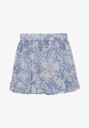 Blauer Rock mit Blumenmuster aus weichem, leichtem Stoff. Verfügt über einen elastischen Bund und einen Rüschensaum für zusätzliche Textur.