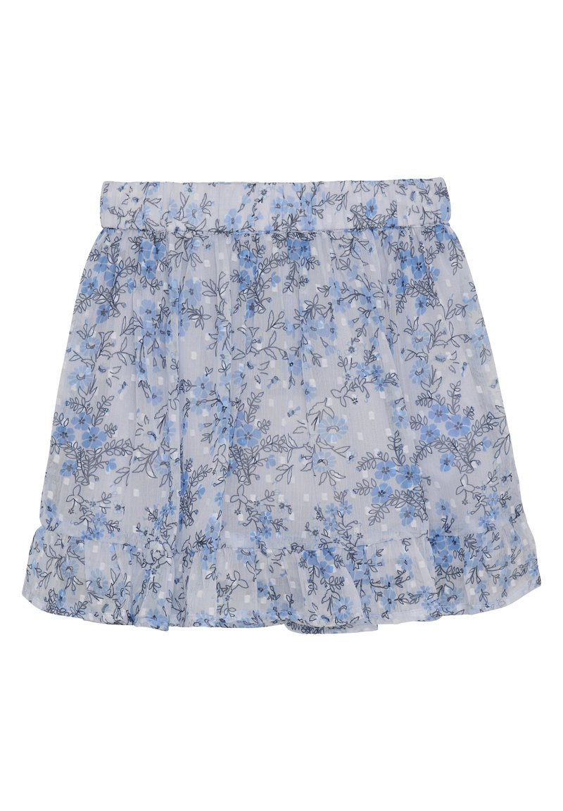 Blå blommig mönstrad kjol i ett mjukt, lätt tyg. Har ett elastiskt midjeband och en volang nederkant för extra textur.