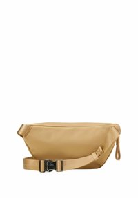 Sac banane en tissu beige avec une sangle réglable et une boucle de déverrouillage noire sur un fond blanc.