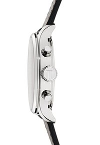 Silver metal watch with a thin case, black leather strap, and three push buttons on the side. The face has a simple white design.