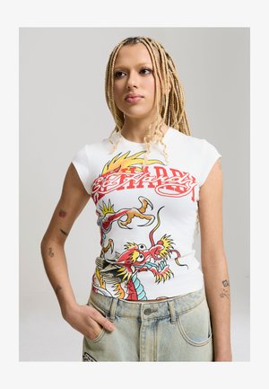 Ed Hardy VARSITY DRAGON CAP SLEEVE TEE - Print T-shirt - ecru