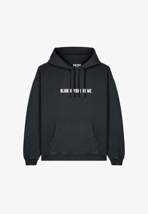Hoodie noir en mélange de coton, doté d'une poche kangourou, de poignets côtelés et du texte "CLIGNE SI TU M'AIMES" en blanc sur le devant.