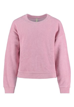 Sudadera de forro polar de manga larga y color rosa suave, con cuello redondo y puños acanalados, mostrada sobre un fondo blanco.