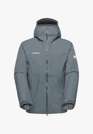 Grijze waterdichte jas met capuchon, voorrits, twee met rits afsluitbare zakken aan de zijkant, verstelbare manchetten, en Mammut-logo op de borst en mouw.