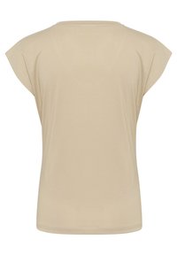 Beige T-shirt met korte mouwen, ronde hals en een zachte, gladde textuur. Heeft een eenvoudig ontwerp zonder patronen of versieringen.
