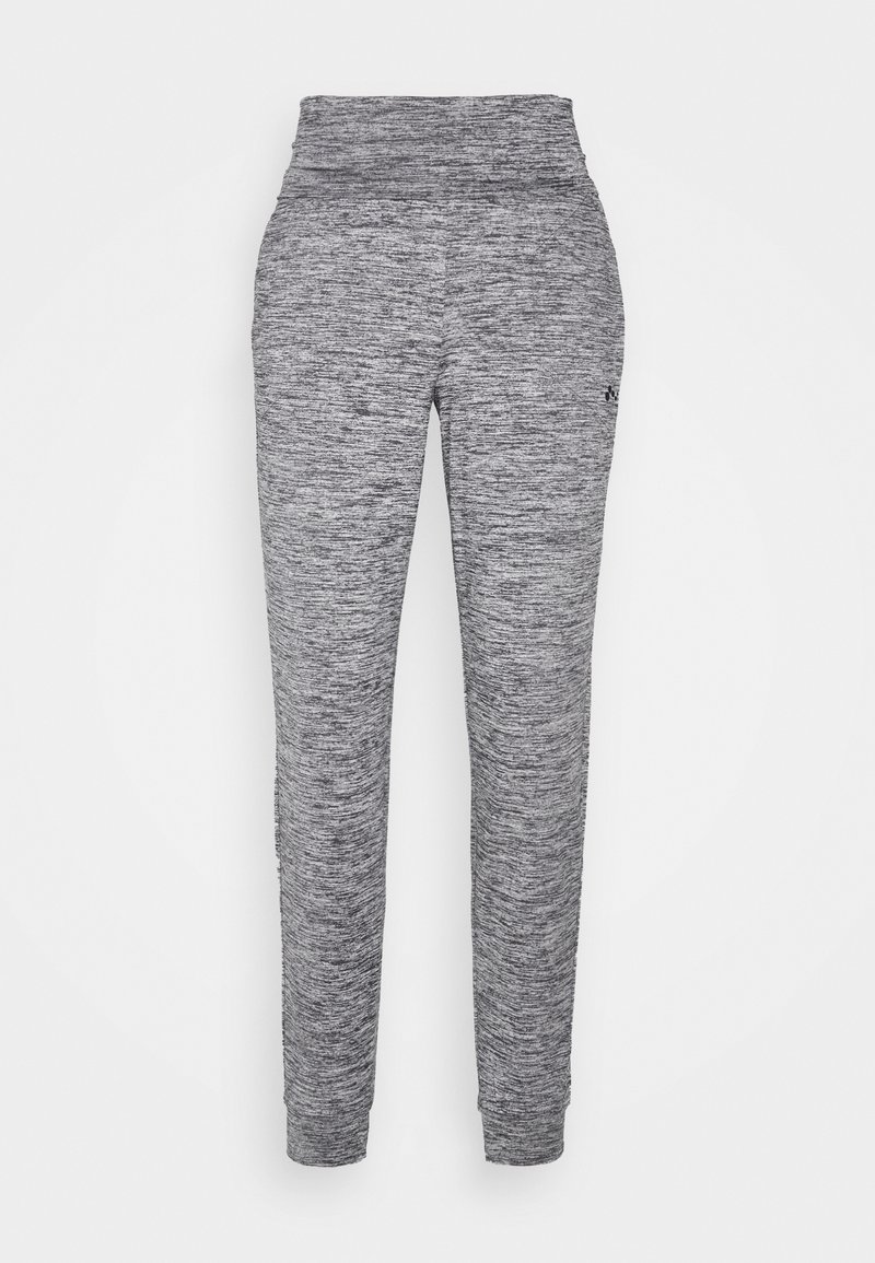 Grau melierte, schmal zulaufende Sweatpants aus Strick mit elastischem, hohem Bund und Bündchen an den Knöcheln, entworfen für den Freizeitgebrauch.