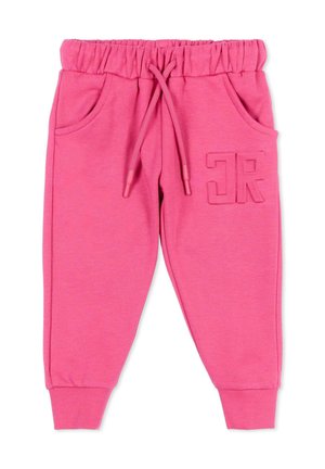 Różowe dziecięce spodnie dresowe z elastyczną talią, ściągaczem, bocznymi kieszeniami, ściągaczami przy nogawkach i wytłoczonym napisem "JR" na prawej udzie.