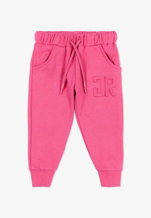 Pantalon de jogging rose pour enfants avec taille élastique, cordon de serrage, poches latérales, poignets côtelés et lettrage en relief "JR" sur la cuisse droite.