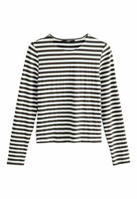 Camisa de manga larga con rayas blancas y marrones oscuras, presenta un escote redondo y un corte recto con un dobladillo ligeramente curvado. Textura de tela suave.