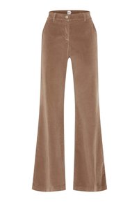 Bruine corduroy flared broek met een hoge taille, voorzien van een sluiting met een voorknoop en een subtiele ribbeltextuur. Platte voorkant en zijzakken.