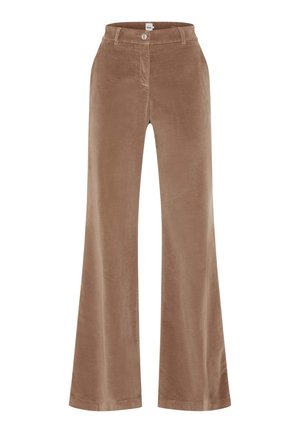 Pantalons en velours côtelé marron évasés avec une taille haute, présentant une fermeture à bouton à l'avant et une texture côtelée subtile. Poche plate à l'avant et poches latérales.