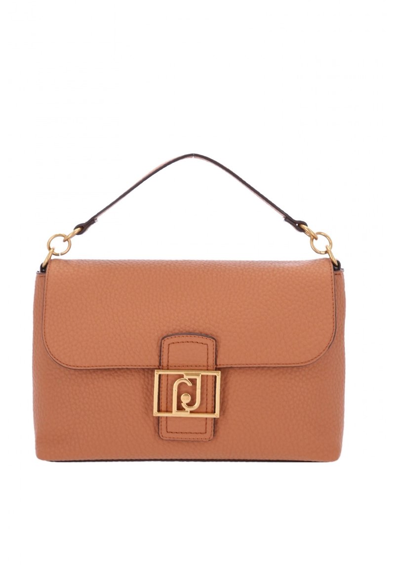 Borsa in pelle marrone con superficie a ciottoli, chiusura con fibbia dorata, manico superiore e forma rettangolare strutturata.