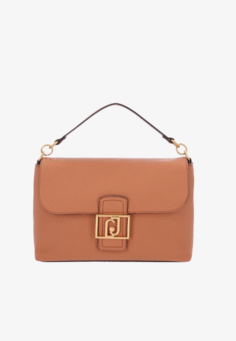 Borsa in pelle marrone con superficie a ciottoli, chiusura con fibbia dorata, manico superiore e forma rettangolare strutturata.