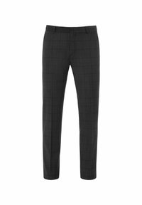 Grijze gestreepte broek heeft een slim fit, een vlakke taille en subtiele ruiten op een gladde stof. Ontworpen zonder zichtbare zakken of versieringen.