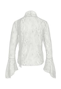 Blouse blanche en dentelle à manches longues avec motifs floraux, poignets évasés et petit col, vue de dos sur fond blanc.