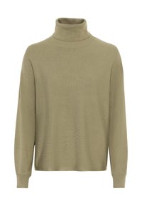Light brown long-sleeve turtleneck sweater with ribbed cuffs and neck, displayed on a plain white background.