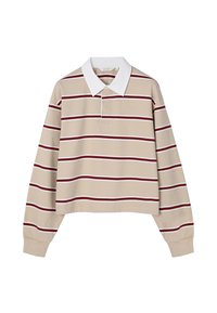 Chemise de rugby beige à manches longues avec col blanc et rayures horizontales blanches et rouge foncé, dotée d'une poche poitrine avant.