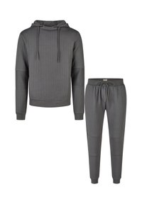 Donkere grijze geribde hoodie met bijpassende joggers met trekkoord, voorzien van elleboog- en kniestukken, geribde manchetten en tailleband.