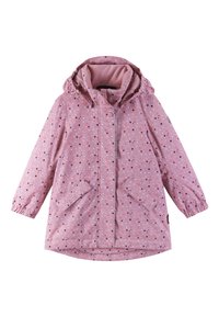Hellrosa, wasserdichte Jacke mit Kapuze, die mehrfarbige Pünktchen aufweist, elastische Bündchen hat und zwei Fronttaschen mit Klappenverschlüssen bietet.