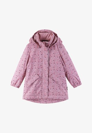 Light pink waterproof jacket with a hood, featuring multi-colored polka dots, elastic cuffs, and two front pockets with flap closures.