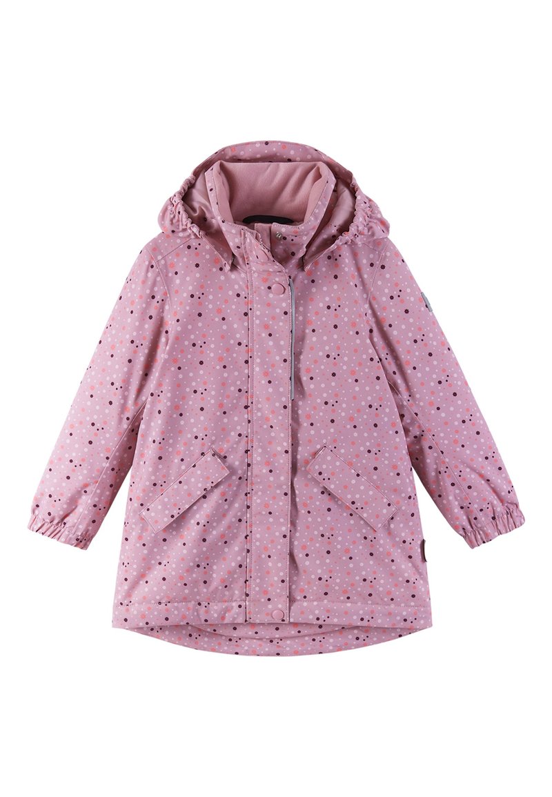 Hellrosa, wasserdichte Jacke mit Kapuze, die mehrfarbige Pünktchen aufweist, elastische Bündchen hat und zwei Fronttaschen mit Klappenverschlüssen bietet.