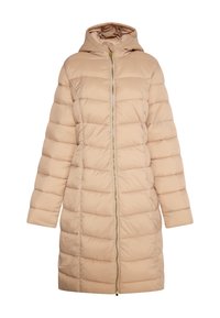 Beige quilted jakke med hætte, forsynet med en frontlynlås og horisontale kviltede mønstre. Blødt stof med en glat overflade. Mellemlang design.