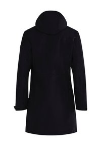 Czarna długa parka z kapturem i regulowanymi mankietami, widoczna od tyłu, sięgająca do kolan, o prostym kroju.