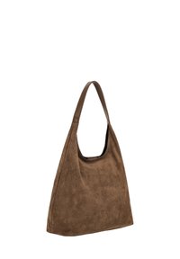 Braune Wildleder-Umhängetasche mit weicher Textur, abgerundeter Form und einem einzigen flachen Träger. Verfügt über ein geräumiges Hauptfach.