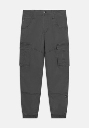 Dunkelgraue Cargohose mit elastischen Bündchen, mehreren Taschen, darunter Front- und seitliche Klappentaschen, sowie sichtbare Nahtdetails.