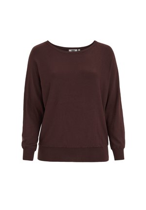 Langærmet mørkebrun pullover med rund halsudskæring og ribstrikkede manchetter og kant.