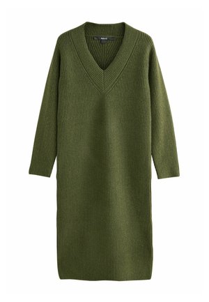 Long-sleeve olive green ribbed knit sweater dress with V-neck and relaxed fit.