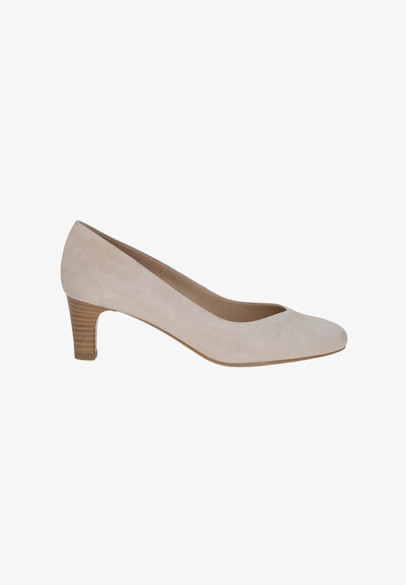 Beige suede pump with a rounded toe and a 2.5-inch stacked heel. Features a smooth finish and simple, clean lines.