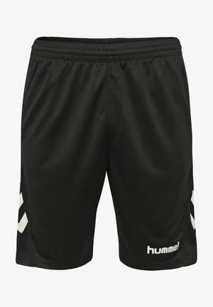 Schwarze sportliche Shorts aus glattem, leichtem Material. Mit weißem Logo und Chevron-Muster an den Seiten. Elastischer Bund für die perfekte Passform.