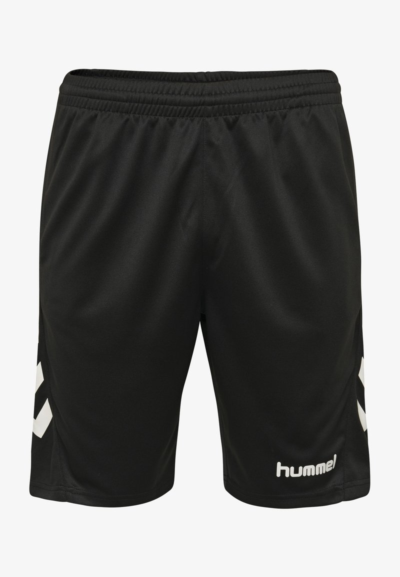 Zwarte sportshorts van glad, lichtgewicht materiaal. Voorzien van een wit logo en een chevronpatroon aan de zijkanten. Elastische tailleband voor een goede pasvorm.