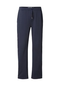 Pantalon de survêtement bleu marine en tissu doux, avec une taille élastique à cordon, des poches latérales et une coupe droite.