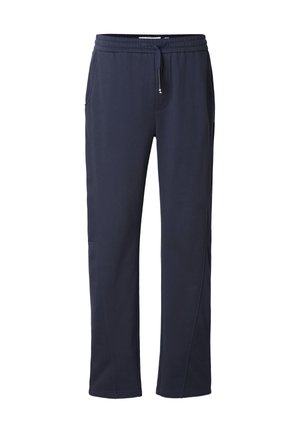 Pantalon de survêtement bleu marine en tissu doux, avec une taille élastique à cordon, des poches latérales et une coupe droite.