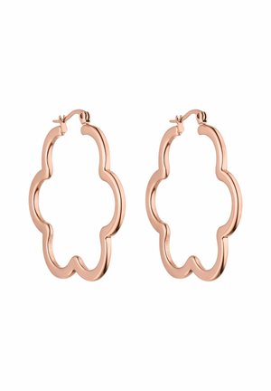 Roségoldene Creolen in floraler Gestaltung mit gewelltem Rand. Glatte Metalloberfläche, ausgestattet mit einem sicheren Verschluss.