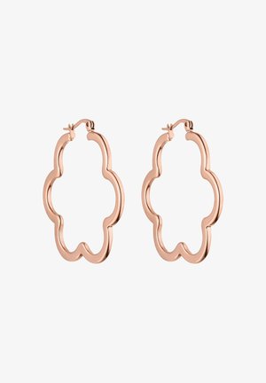 Roségoldene Creolen in floraler Gestaltung mit gewelltem Rand. Glatte Metalloberfläche, ausgestattet mit einem sicheren Verschluss.