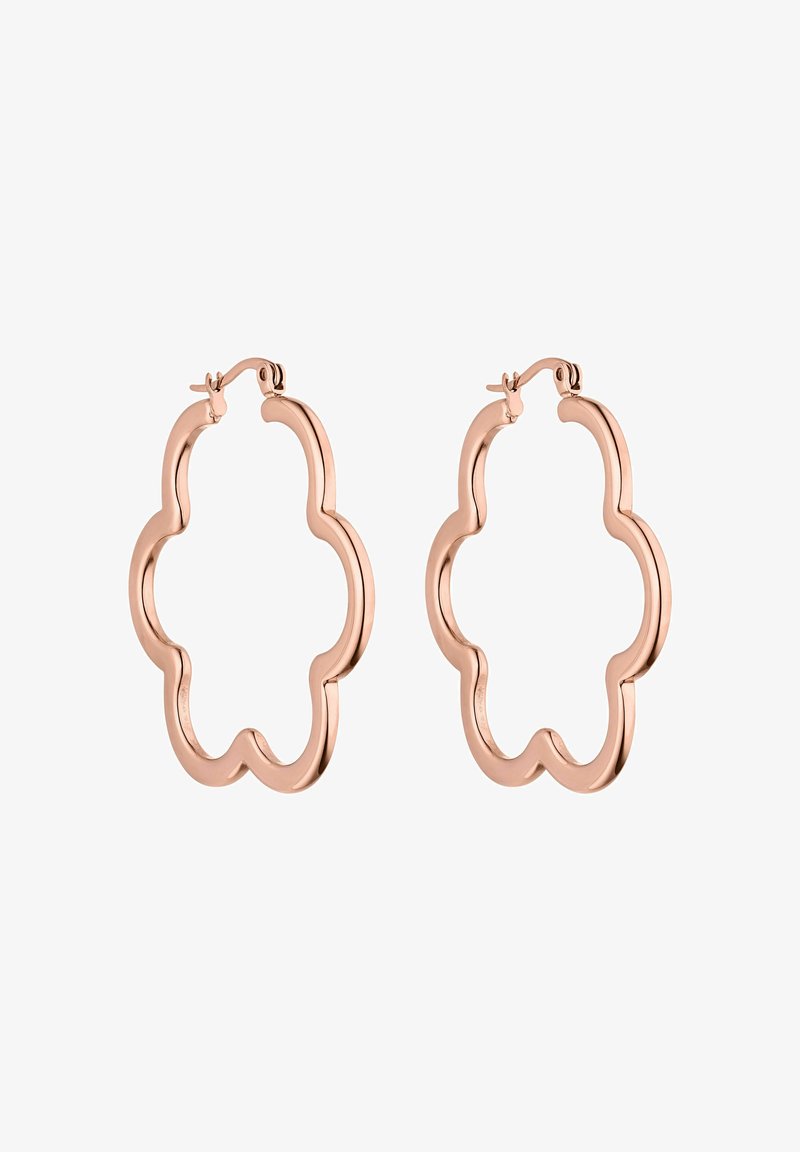 Roségoldene Creolen in floraler Gestaltung mit gewelltem Rand. Glatte Metalloberfläche, ausgestattet mit einem sicheren Verschluss.