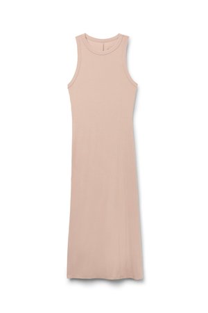 Helles rosa, geripptes Tankkleid mit einer schmalen Silhouette, runden Ausschnitt und knielangem Saum. Weiche Textur, keine sichtbaren Muster oder Akzente.