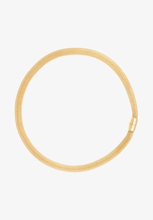 Kultaketju kullasta, joka on sileän, pyöreän muotoilun omaava ja saumaton magneettisuljin. Sen pinnassa on hieno, kudottu tekstuuri.