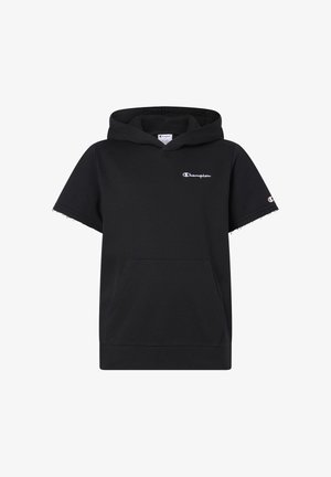 Sudadera negra de manga corta con capucha, bolsillo delantero y logotipos de Champion en el pecho y la manga izquierda.