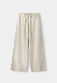 Beige široké kalhoty vyrobené z lehkého lnu. Mají elastický pas s šňůrkou pro nastavitelnou velikost. Hladká textura.