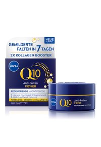 NIVEA Q10 Anti-Falten Power Creme in einem runden blauen Behälter mit einem goldenen Ring. Die Verpackung zeigt deutschen Text und Grafiken mit gepunkteten Akzenten.
