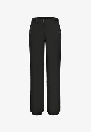 Schwarze wasserdichte Hose mit geradem Schnitt, elastischen Bündchen, vorderen Reißverschlusstaschen und Knopfverschluss. Glatte Textur mit matter Oberfläche.