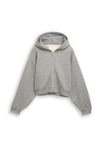 Felpa grigia corta con zip frontale, realizzata in morbido tessuto. Presenta un cappuccio, spalle scese e polsini e orlo ribattuti.
