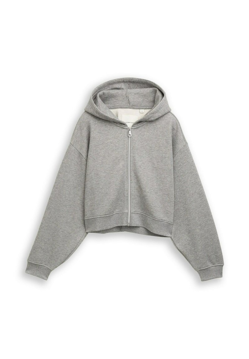 Felpa grigia corta con zip frontale, realizzata in morbido tessuto. Presenta un cappuccio, spalle scese e polsini e orlo ribattuti.