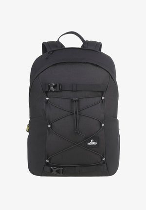 Black backpack made of textured fabric, featuring a front bungee cord, adjustable straps, and a branded tag. Simple, functional design.