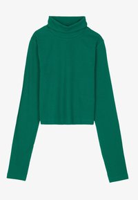 Grüner, gerippter Rollkragenpullover mit langen Ärmeln und taillierter Passform, ausgestattet mit einem strukturierten Stoff und einem hohen Kragen.
