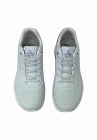 Light gray athletic shoes with a smooth synthetic upper, perforated details, and flat laces. Features a cushioned collar and logo on tongue.